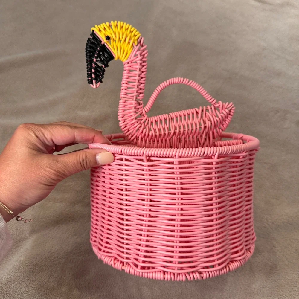 Tropical Pink Flamingo Wicker Basket Caddy Utensil Holder Organizer BBQ Kitchen